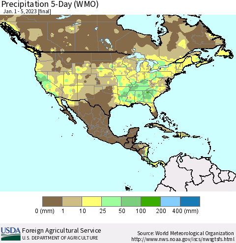 North America Precipitation 5-Day (WMO) Thematic Map For 1/1/2023 - 1/5/2023