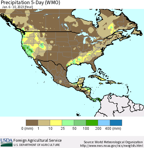 North America Precipitation 5-Day (WMO) Thematic Map For 1/6/2023 - 1/10/2023