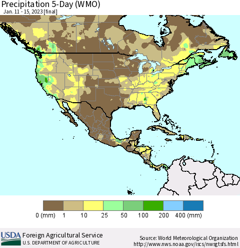 North America Precipitation 5-Day (WMO) Thematic Map For 1/11/2023 - 1/15/2023