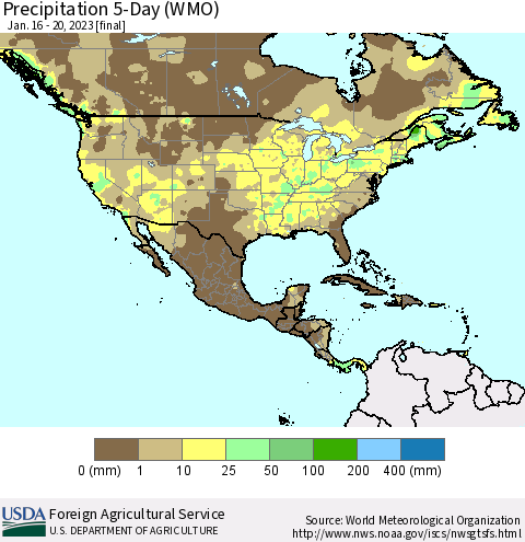 North America Precipitation 5-Day (WMO) Thematic Map For 1/16/2023 - 1/20/2023