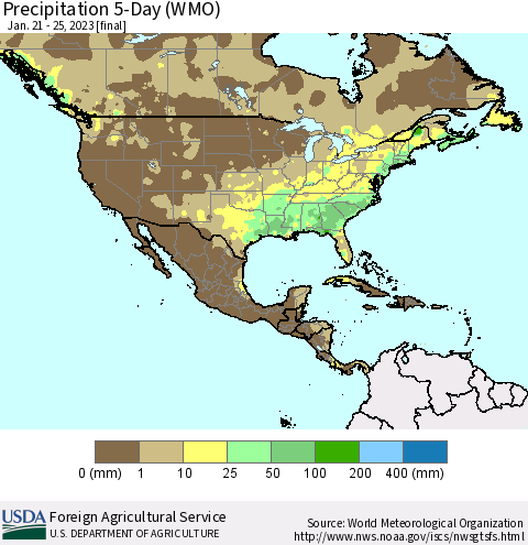 North America Precipitation 5-Day (WMO) Thematic Map For 1/21/2023 - 1/25/2023