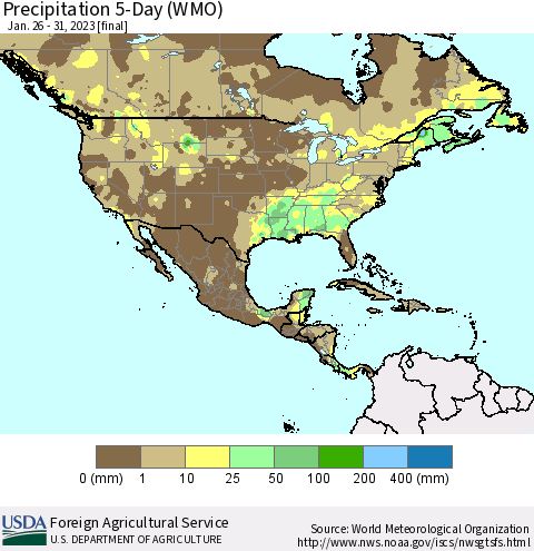 North America Precipitation 5-Day (WMO) Thematic Map For 1/26/2023 - 1/31/2023