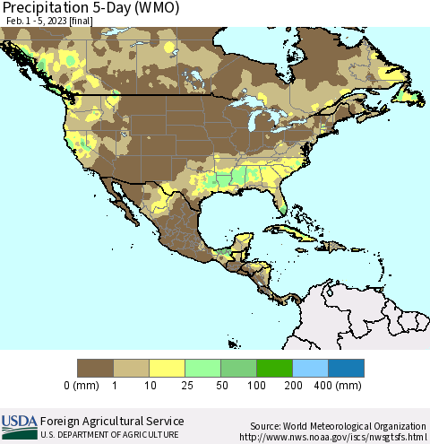 North America Precipitation 5-Day (WMO) Thematic Map For 2/1/2023 - 2/5/2023