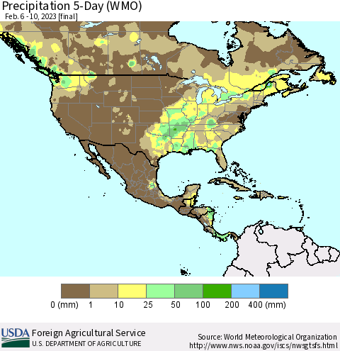 North America Precipitation 5-Day (WMO) Thematic Map For 2/6/2023 - 2/10/2023