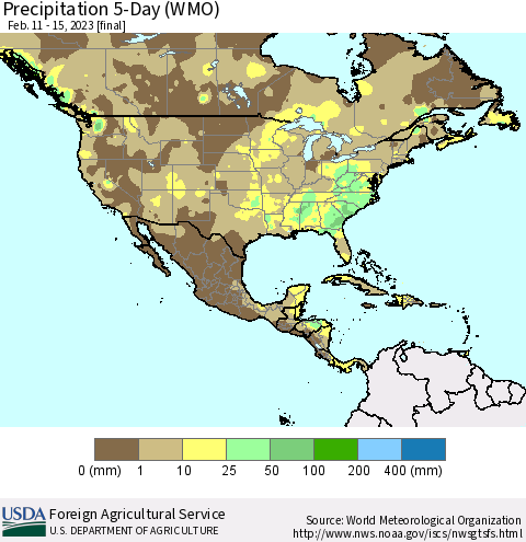 North America Precipitation 5-Day (WMO) Thematic Map For 2/11/2023 - 2/15/2023