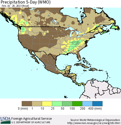 North America Precipitation 5-Day (WMO) Thematic Map For 2/16/2023 - 2/20/2023