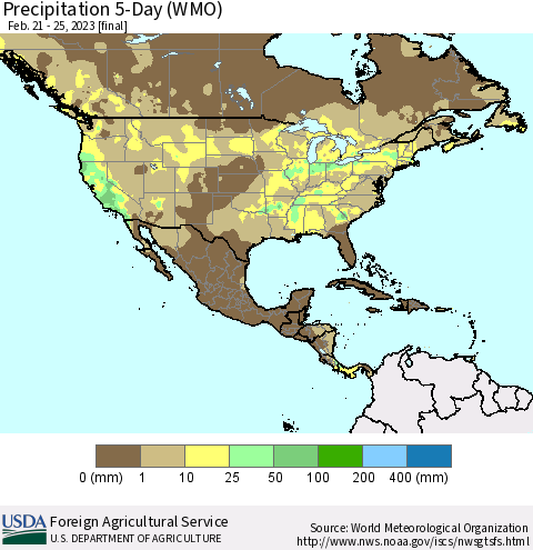 North America Precipitation 5-Day (WMO) Thematic Map For 2/21/2023 - 2/25/2023