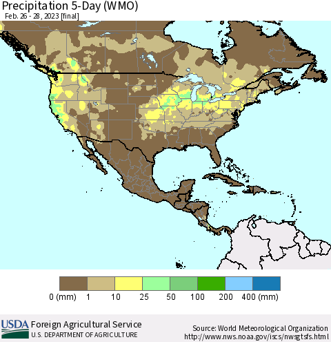 North America Precipitation 5-Day (WMO) Thematic Map For 2/26/2023 - 2/28/2023