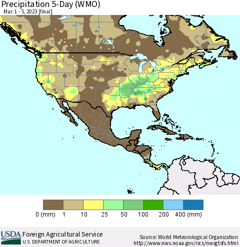 North America Precipitation 5-Day (WMO) Thematic Map For 3/1/2023 - 3/5/2023