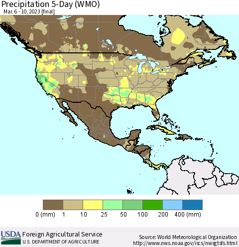 North America Precipitation 5-Day (WMO) Thematic Map For 3/6/2023 - 3/10/2023
