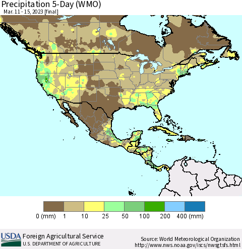 North America Precipitation 5-Day (WMO) Thematic Map For 3/11/2023 - 3/15/2023