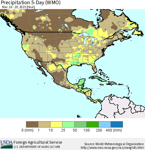 North America Precipitation 5-Day (WMO) Thematic Map For 3/16/2023 - 3/20/2023
