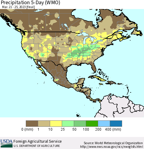 North America Precipitation 5-Day (WMO) Thematic Map For 3/21/2023 - 3/25/2023