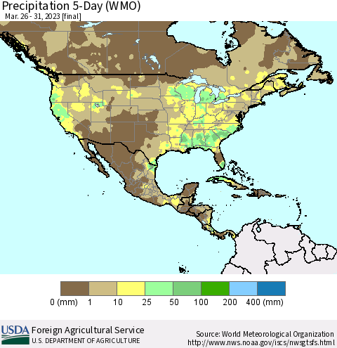 North America Precipitation 5-Day (WMO) Thematic Map For 3/26/2023 - 3/31/2023
