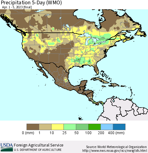 North America Precipitation 5-Day (WMO) Thematic Map For 4/1/2023 - 4/5/2023