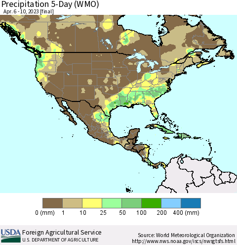 North America Precipitation 5-Day (WMO) Thematic Map For 4/6/2023 - 4/10/2023
