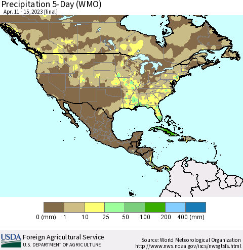 North America Precipitation 5-Day (WMO) Thematic Map For 4/11/2023 - 4/15/2023