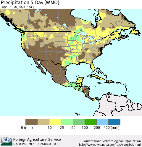 North America Precipitation 5-Day (WMO) Thematic Map For 4/16/2023 - 4/20/2023