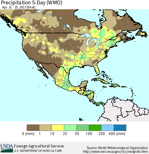 North America Precipitation 5-Day (WMO) Thematic Map For 4/21/2023 - 4/25/2023