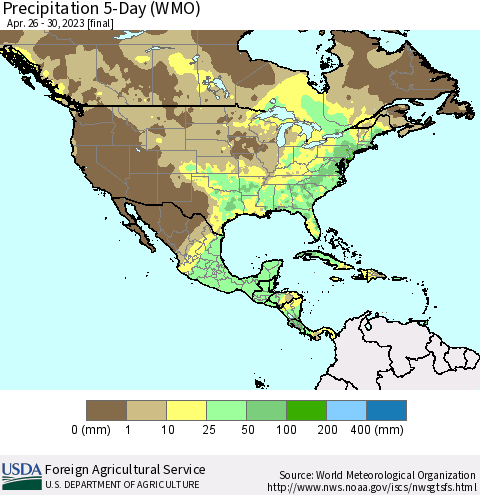 North America Precipitation 5-Day (WMO) Thematic Map For 4/26/2023 - 4/30/2023