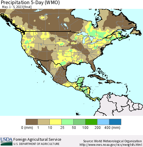 North America Precipitation 5-Day (WMO) Thematic Map For 5/1/2023 - 5/5/2023