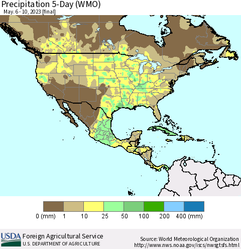 North America Precipitation 5-Day (WMO) Thematic Map For 5/6/2023 - 5/10/2023