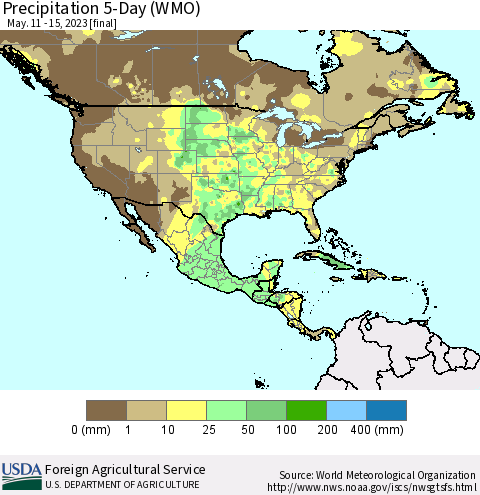 North America Precipitation 5-Day (WMO) Thematic Map For 5/11/2023 - 5/15/2023
