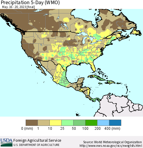 North America Precipitation 5-Day (WMO) Thematic Map For 5/16/2023 - 5/20/2023