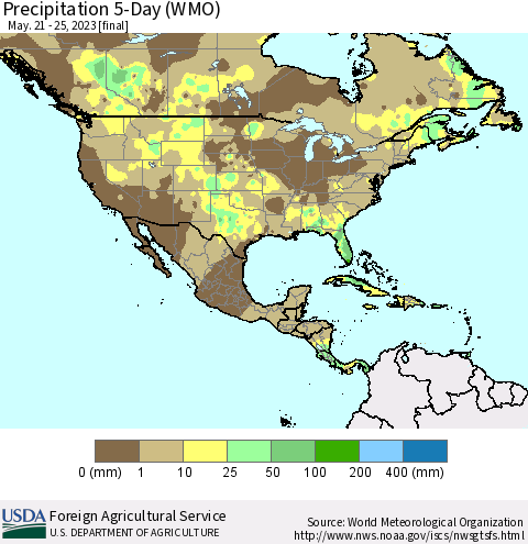 North America Precipitation 5-Day (WMO) Thematic Map For 5/21/2023 - 5/25/2023