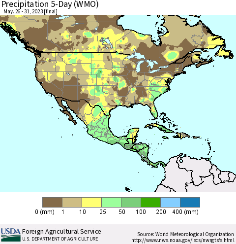 North America Precipitation 5-Day (WMO) Thematic Map For 5/26/2023 - 5/31/2023