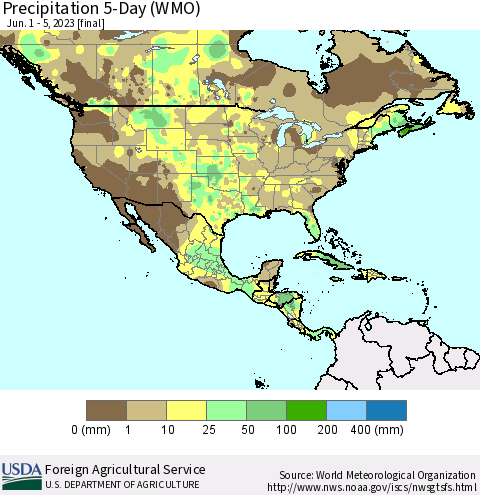 North America Precipitation 5-Day (WMO) Thematic Map For 6/1/2023 - 6/5/2023