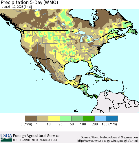 North America Precipitation 5-Day (WMO) Thematic Map For 6/6/2023 - 6/10/2023