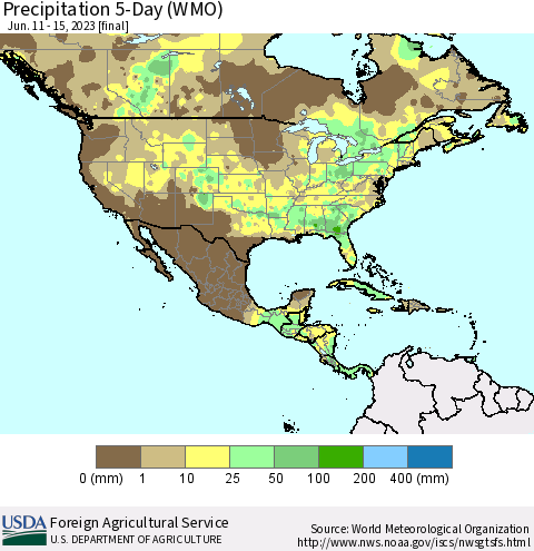 North America Precipitation 5-Day (WMO) Thematic Map For 6/11/2023 - 6/15/2023