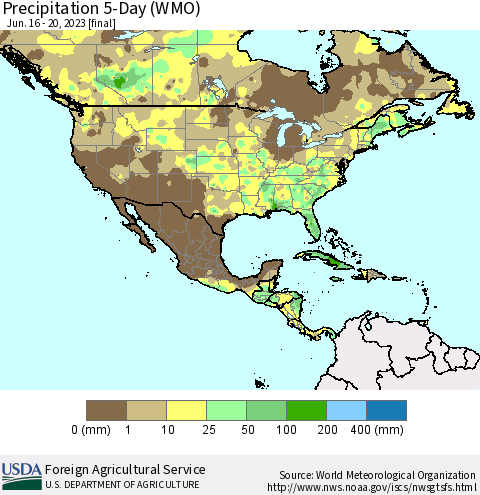 North America Precipitation 5-Day (WMO) Thematic Map For 6/16/2023 - 6/20/2023