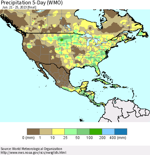 North America Precipitation 5-Day (WMO) Thematic Map For 6/21/2023 - 6/25/2023