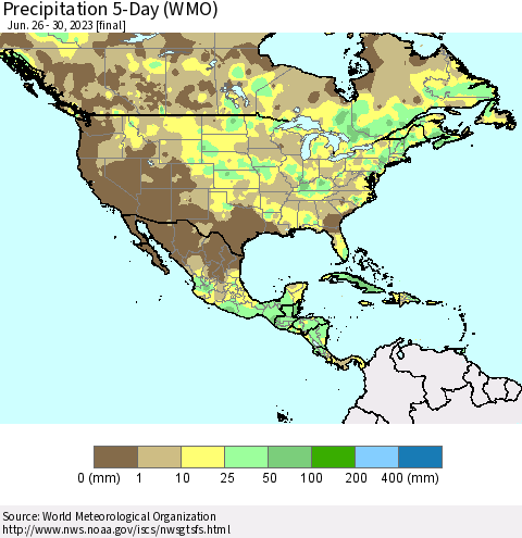 North America Precipitation 5-Day (WMO) Thematic Map For 6/26/2023 - 6/30/2023
