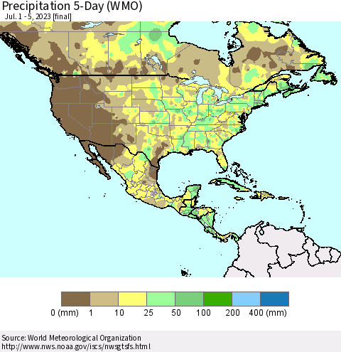 North America Precipitation 5-Day (WMO) Thematic Map For 7/1/2023 - 7/5/2023