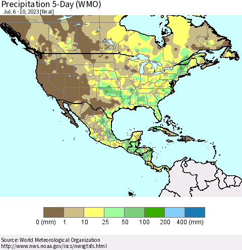 North America Precipitation 5-Day (WMO) Thematic Map For 7/6/2023 - 7/10/2023