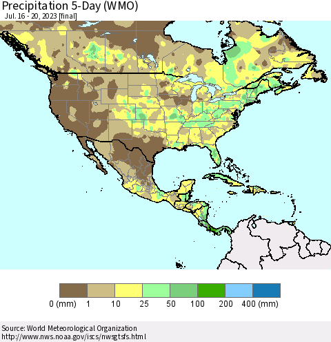 North America Precipitation 5-Day (WMO) Thematic Map For 7/16/2023 - 7/20/2023