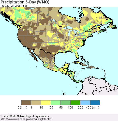 North America Precipitation 5-Day (WMO) Thematic Map For 7/21/2023 - 7/25/2023
