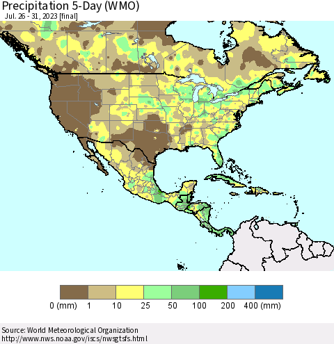 North America Precipitation 5-Day (WMO) Thematic Map For 7/26/2023 - 7/31/2023