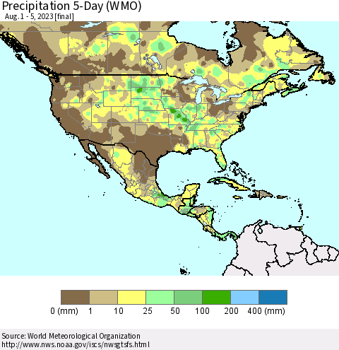 North America Precipitation 5-Day (WMO) Thematic Map For 8/1/2023 - 8/5/2023