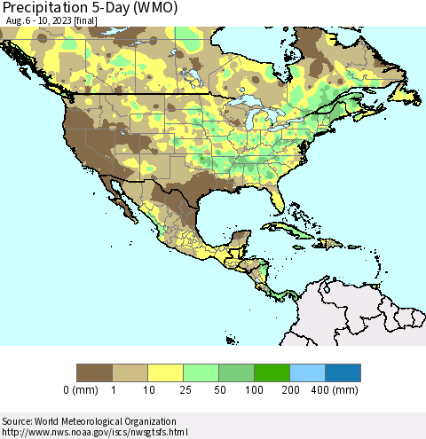 North America Precipitation 5-Day (WMO) Thematic Map For 8/6/2023 - 8/10/2023