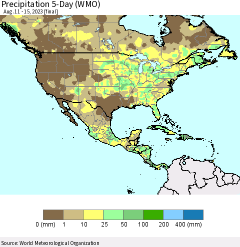 North America Precipitation 5-Day (WMO) Thematic Map For 8/11/2023 - 8/15/2023