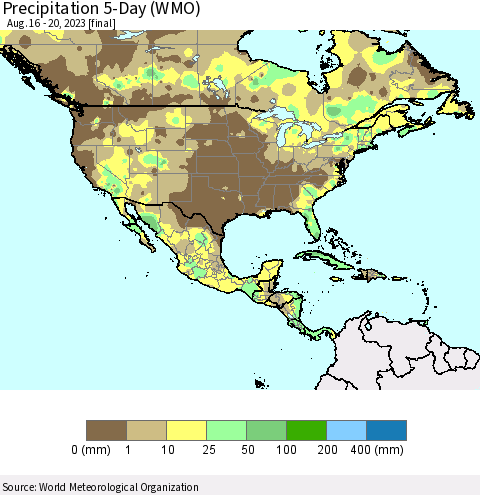 North America Precipitation 5-Day (WMO) Thematic Map For 8/16/2023 - 8/20/2023