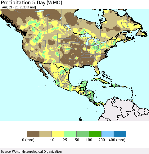North America Precipitation 5-Day (WMO) Thematic Map For 8/21/2023 - 8/25/2023