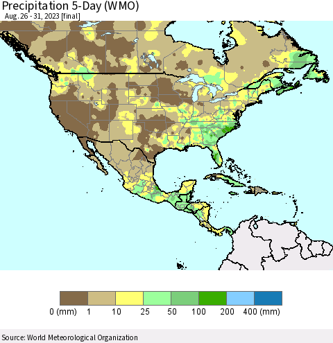North America Precipitation 5-Day (WMO) Thematic Map For 8/26/2023 - 8/31/2023
