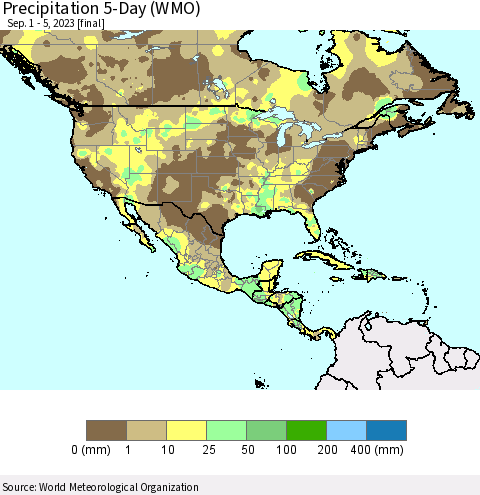 North America Precipitation 5-Day (WMO) Thematic Map For 9/1/2023 - 9/5/2023