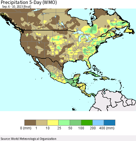 North America Precipitation 5-Day (WMO) Thematic Map For 9/6/2023 - 9/10/2023
