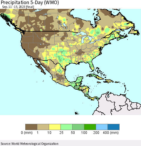 North America Precipitation 5-Day (WMO) Thematic Map For 9/11/2023 - 9/15/2023